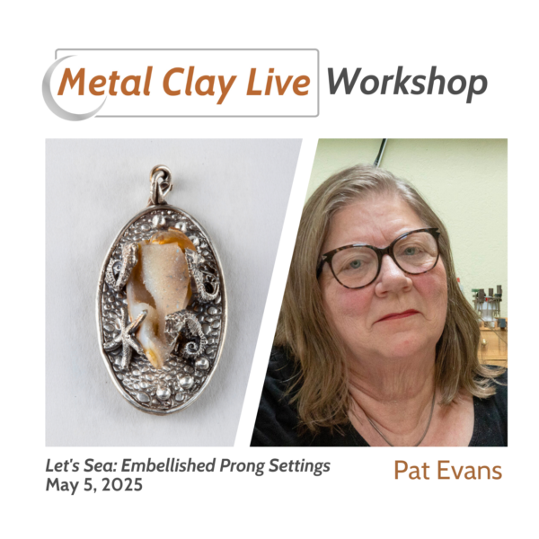 image of jewelry piece with silver and fossil shell, plus image of Pat Evans, teacherr